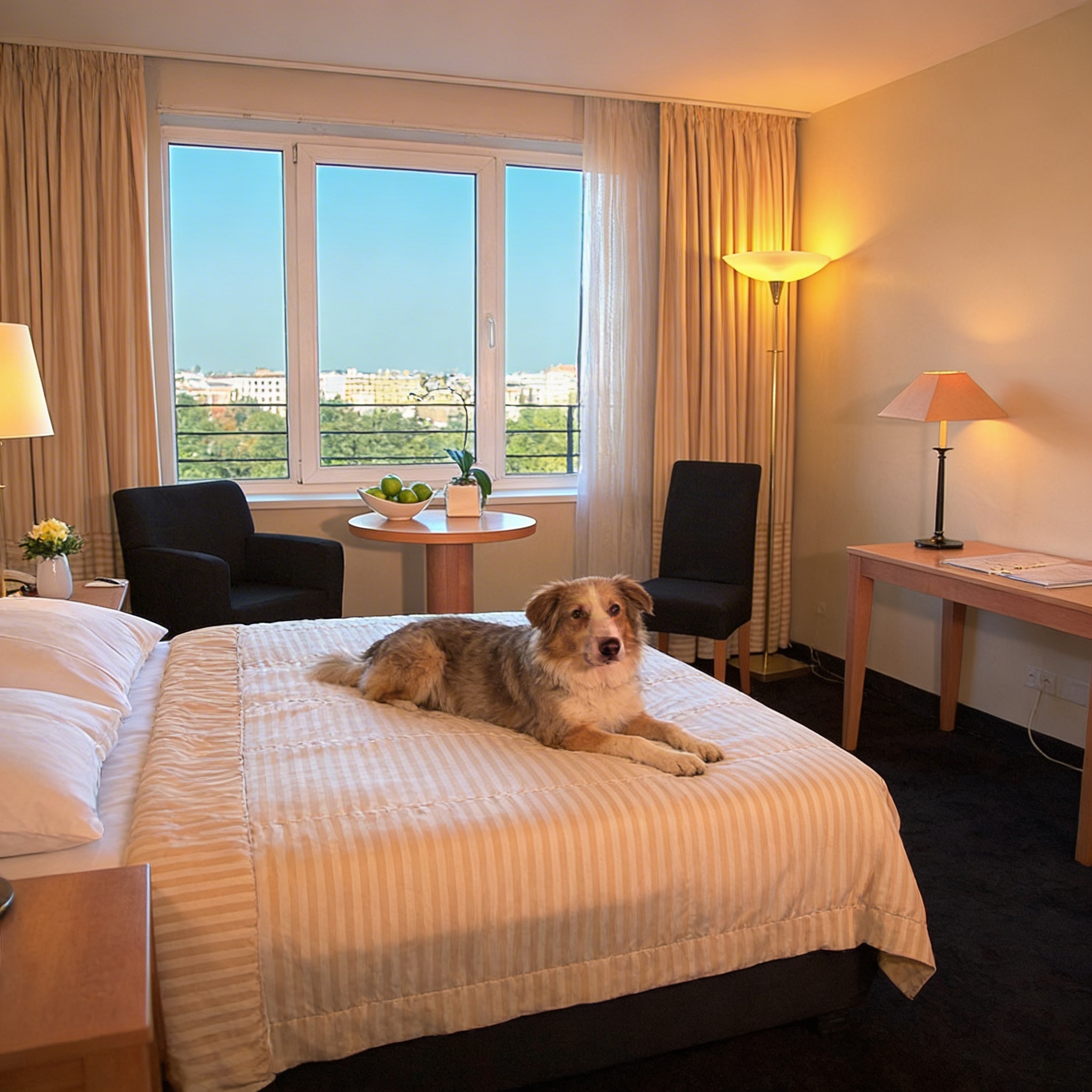 Hund auf Hotelbett mit Wassernapf daneben