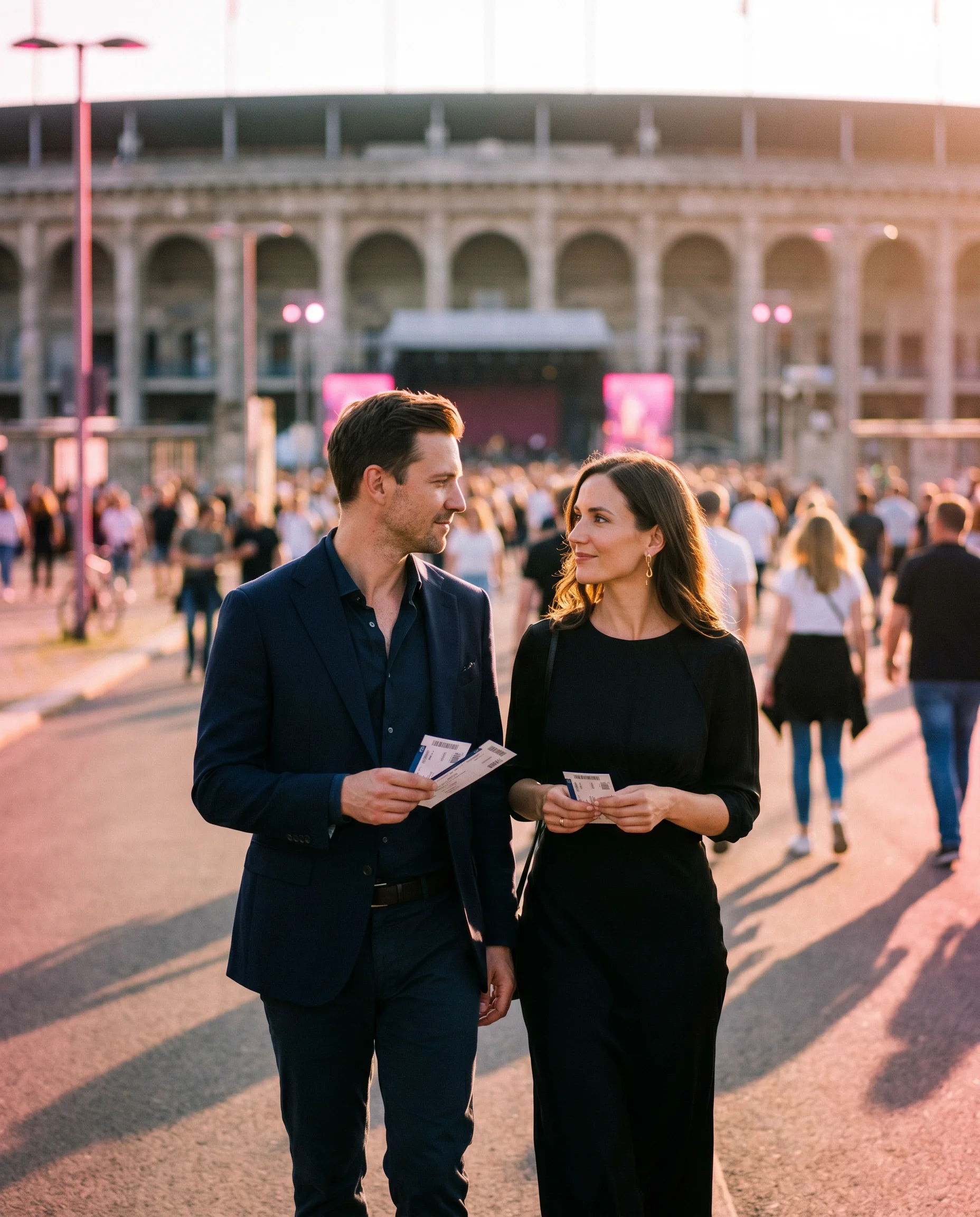 Pärchen am Olympiastadion Berlin im warmen Abendlicht, Konzert-Tickets in der Hand, schick angezogen
