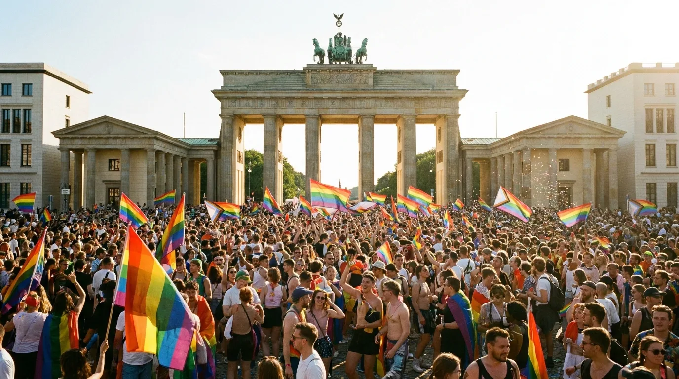 Menschenmenge mit Regenbogenfahnen am Brandenburger Tor zur Abschlusskundgebung