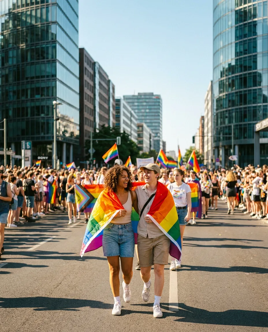 Pärchen mit Regenbogenfahne auf einer breiten Berliner Straße bei der CSD-Parade, jubelnde Menge und Hochhäuser am Potsdamer Platz im Hintergrund