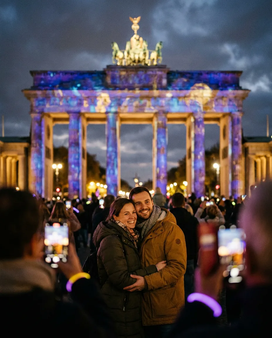 Beleuchtetes Brandenburger Tor beim Festival of Lights, bunte Projektionen, Menschen davor