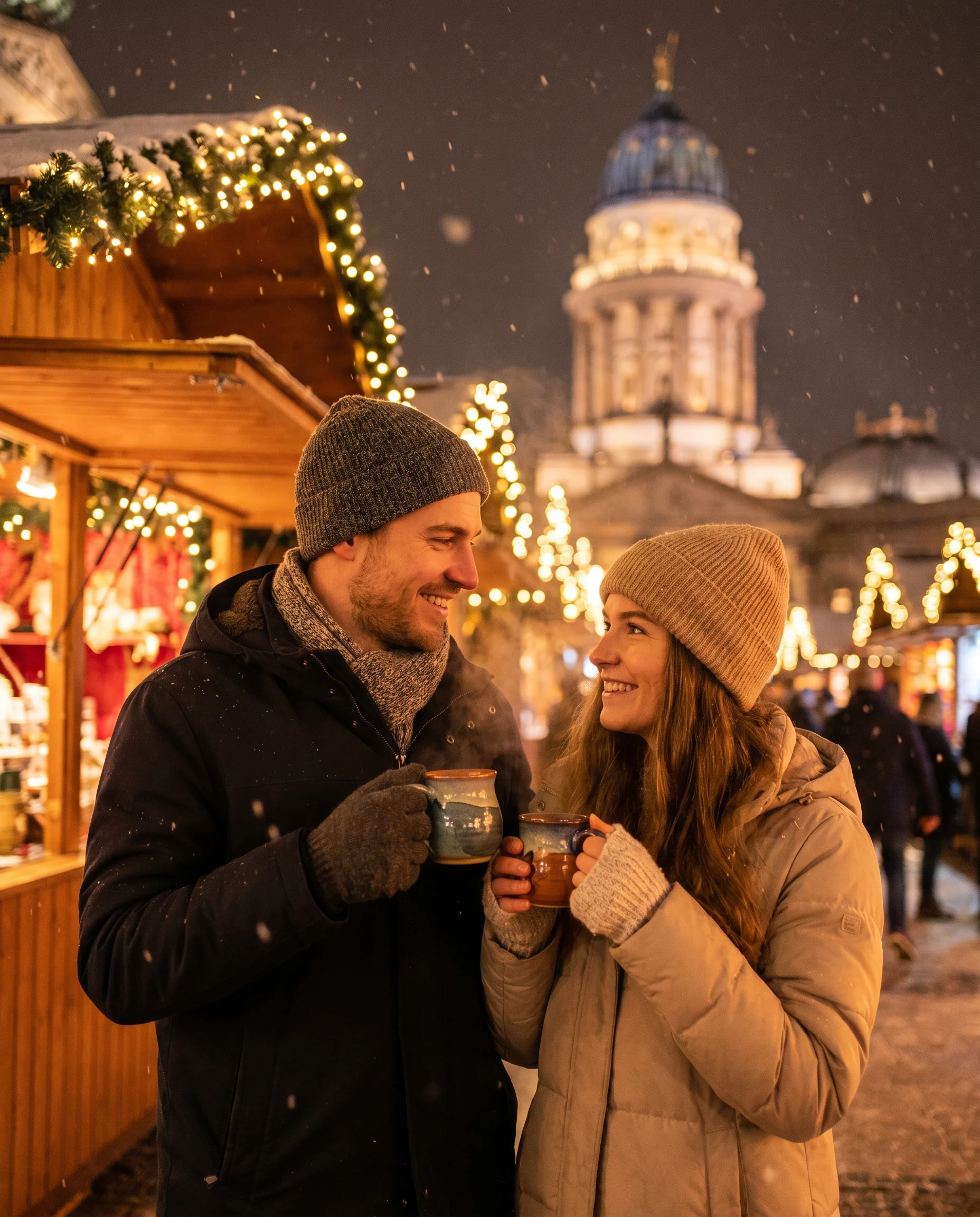 Pärchen mit Glühweintassen am Gendarmenmarkt-Weihnachtsmarkt, Französischer Dom erleuchtet im Hintergrund, leichter Schneefall