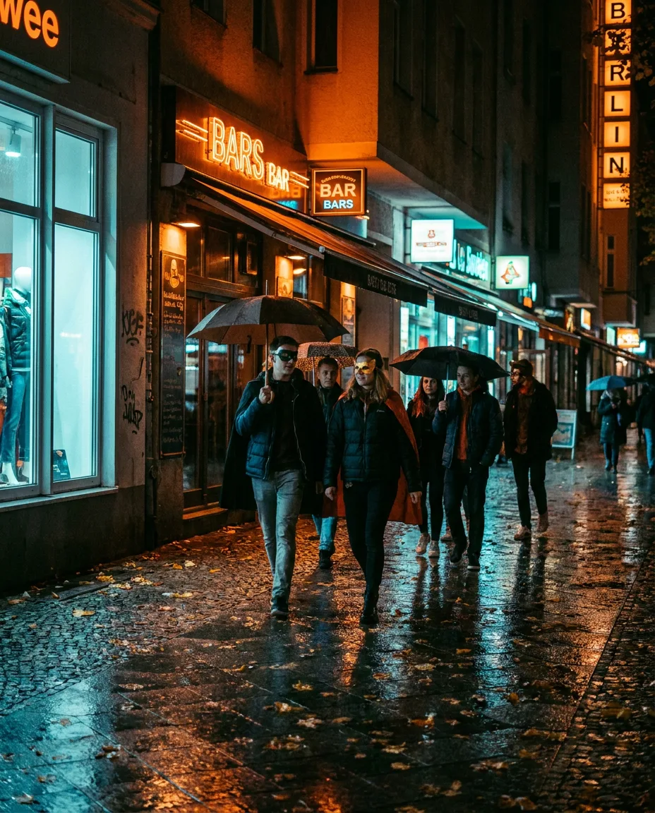 Nächtliche Berliner Straße mit Halloween-Stimmung, warme und kühle Lichter, Menschen unterwegs