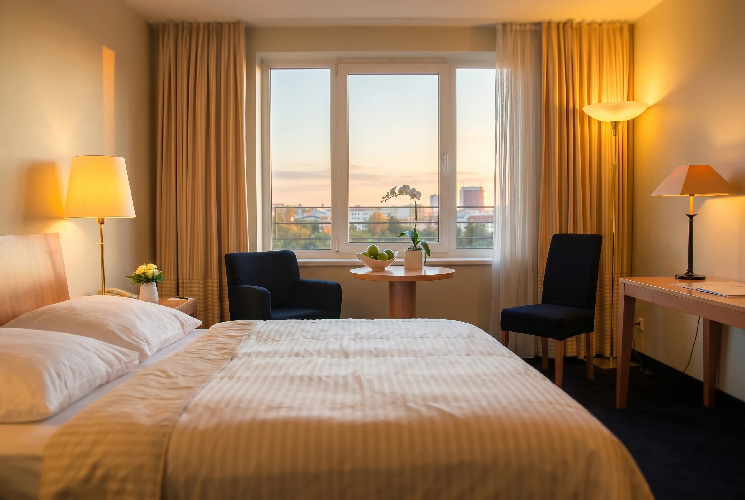 Superior Double Room mit großem Doppelbett und warmem Licht
