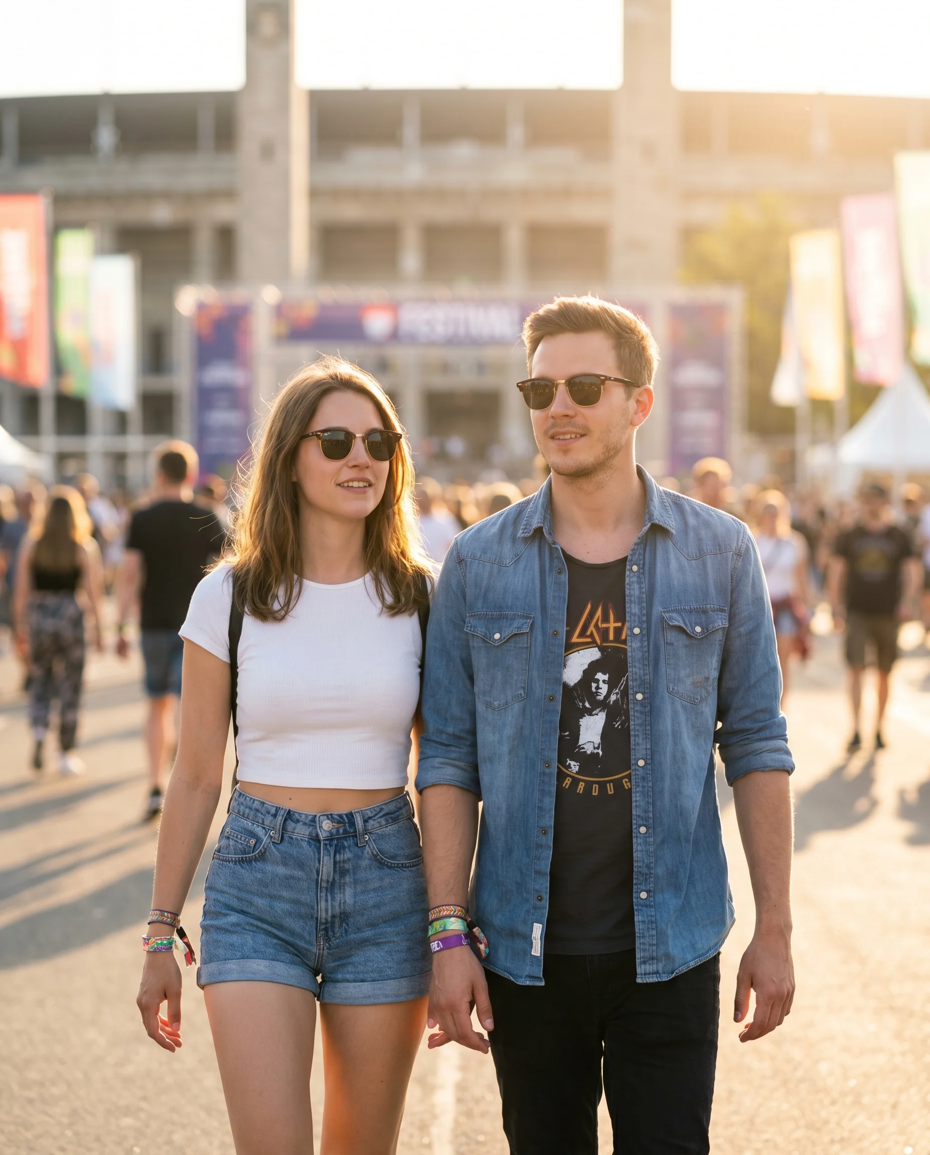 Pärchen mit Festival-Bändchen auf dem Weg zum Olympiastadion, Sommerlicht, Sonnenbrillen, gute Laune