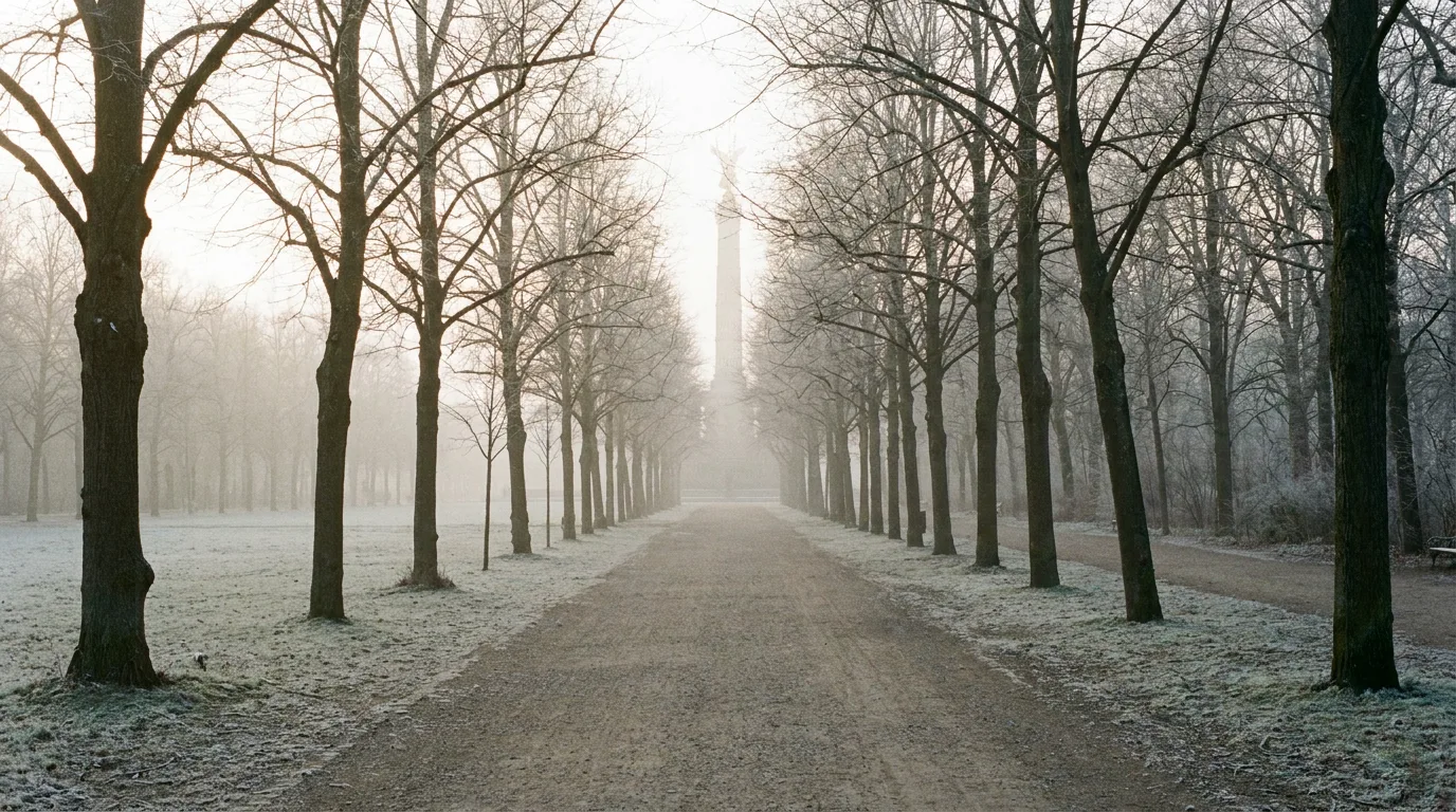 Winterlicher Tiergarten am Morgen, kahle Bäume, weiches Licht
