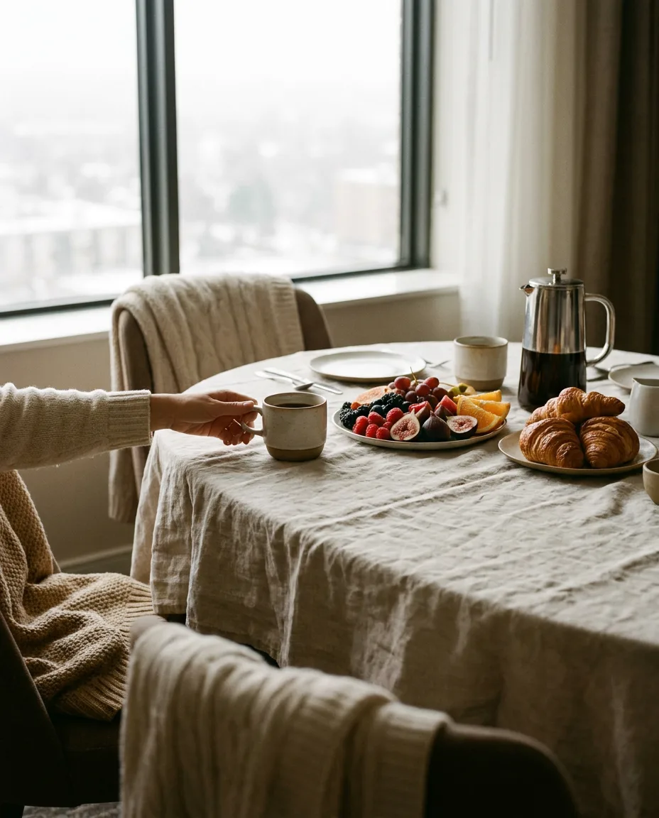 Gedeckter Brunchtisch am hellen Neujahrsmorgen, Kaffee und frisches Gebäck, ruhige Stimmung