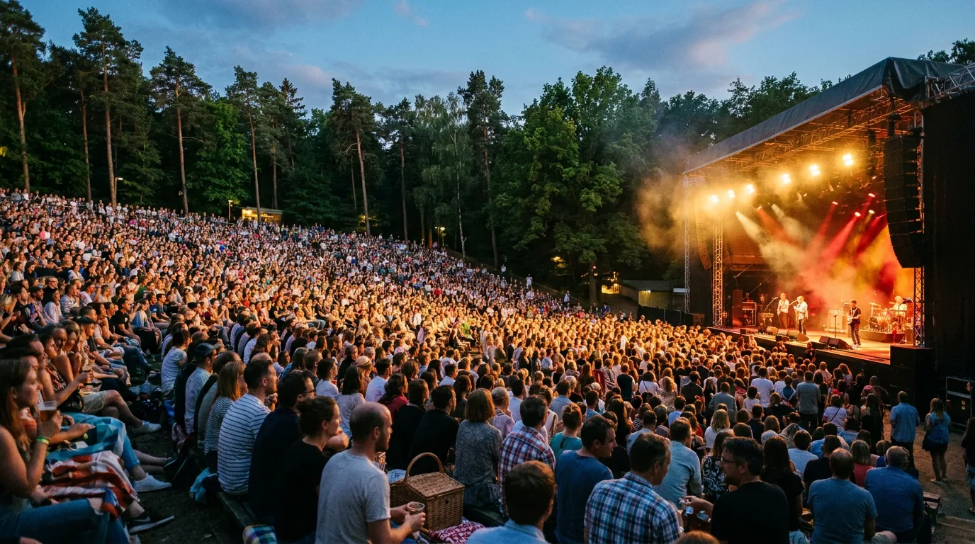 Waldbühne Berlin bei Dämmerung, Publikum mit Kerzen und Decken