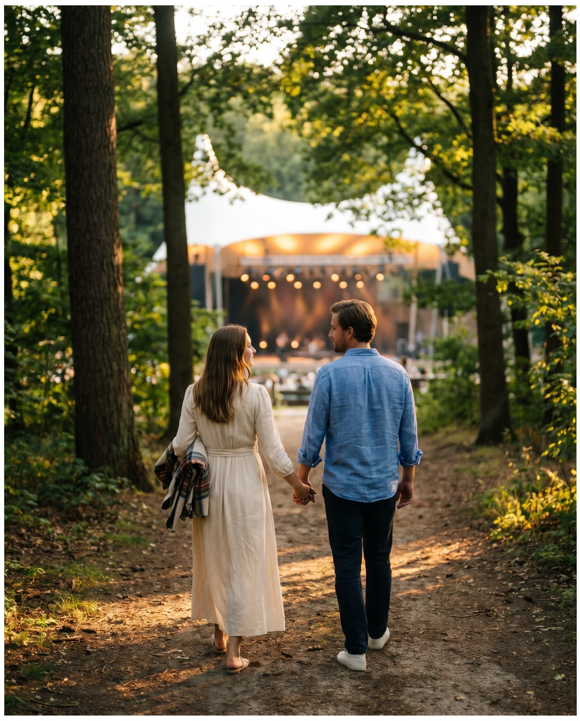 Pärchen auf dem Waldweg zur Waldbühne, Spätsommer-Dämmerung, Picknickdecke unter dem Arm