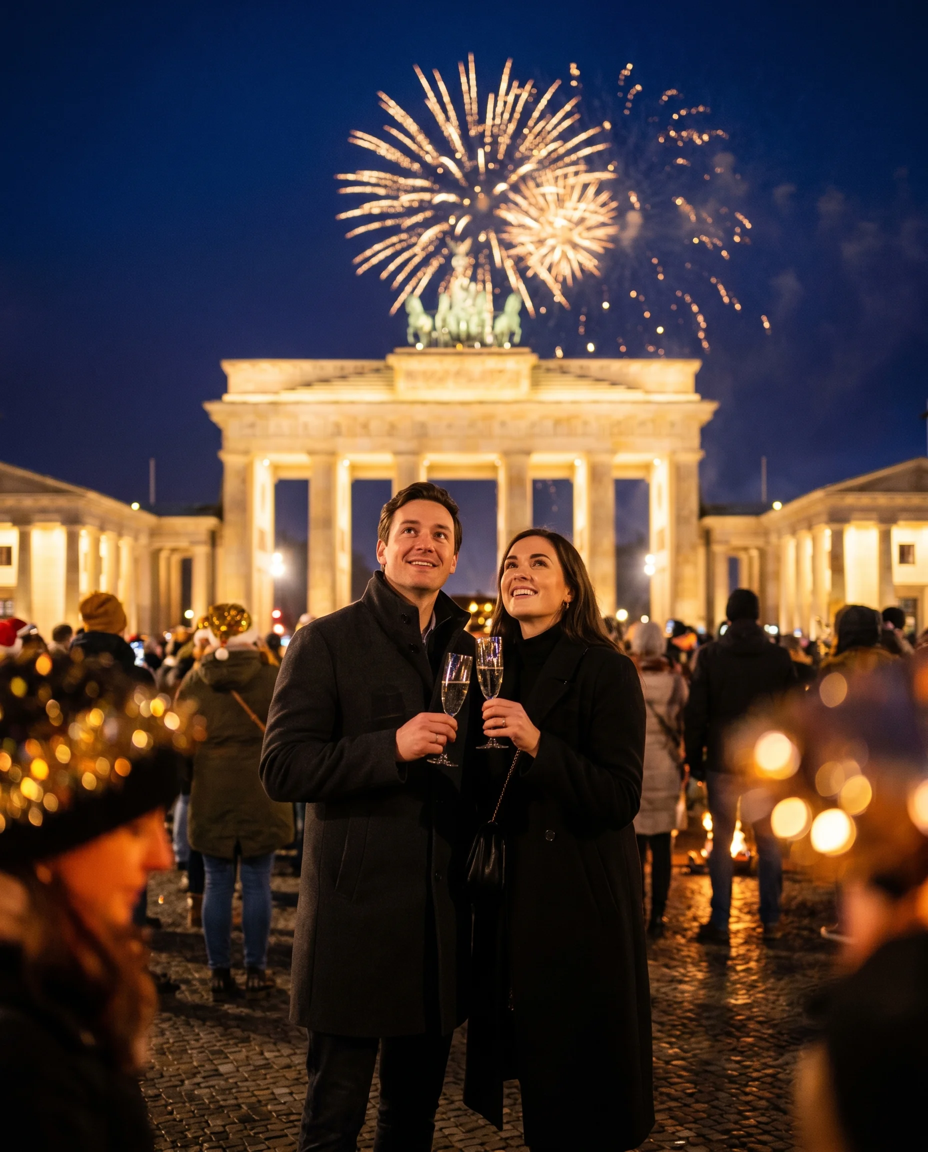 Pärchen mit Champagnergläsern am Brandenburger Tor, Feuerwerk explodiert über der Quadriga, Mitternacht