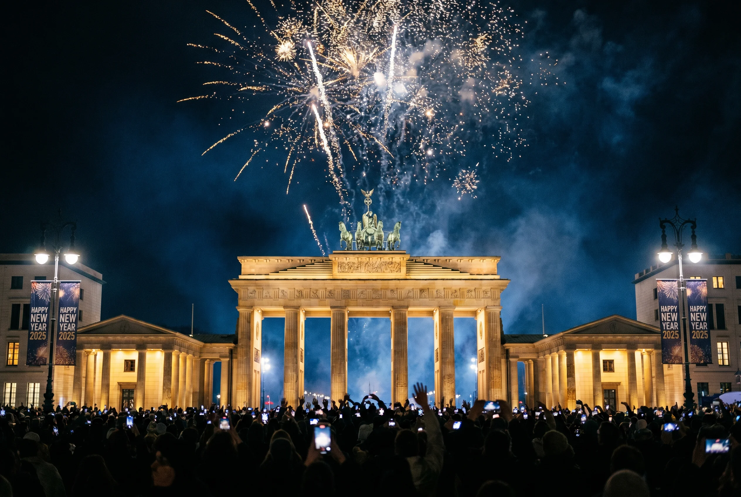 Brandenburger Tor mit Feuerwerk über dem Quadriga-Dach