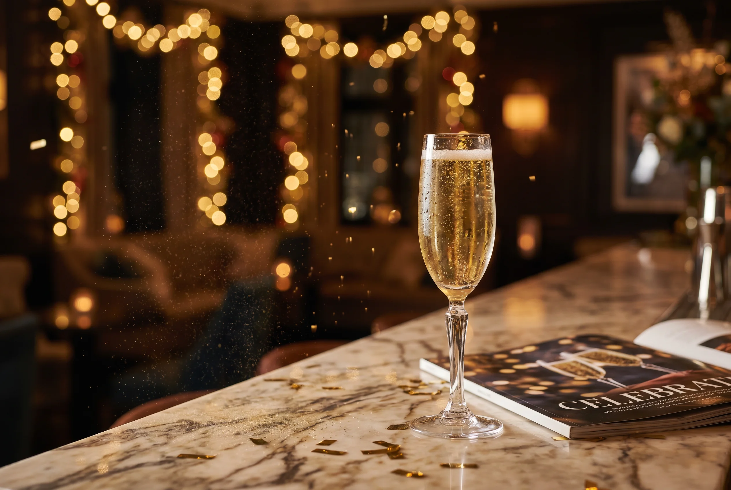 Lobby-Bar des relexa — Bar-Detail · Champagnerflöte · warmes Licht