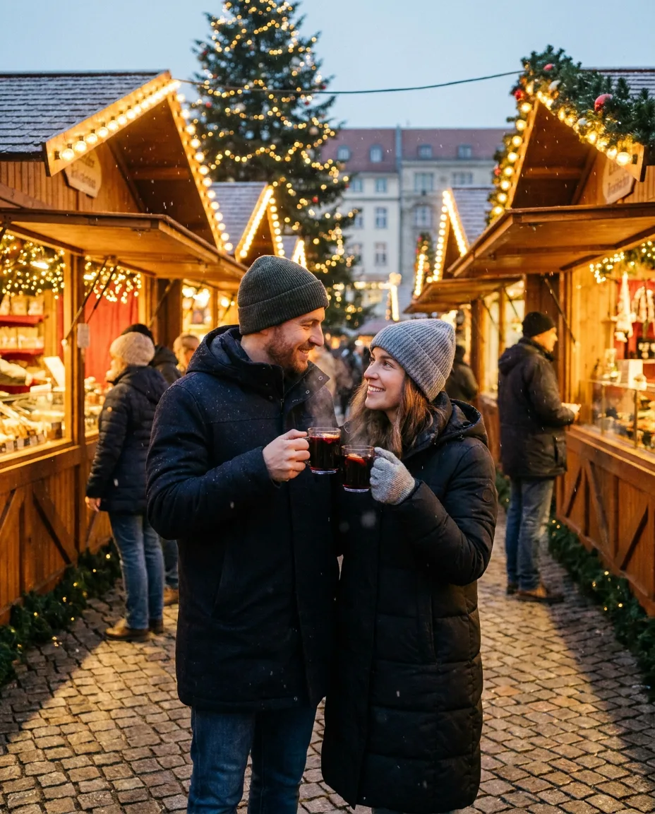 Pärchen mit Glühwein auf einem Berliner Weihnachtsmarkt, Lichterketten, Schnee in der Luft