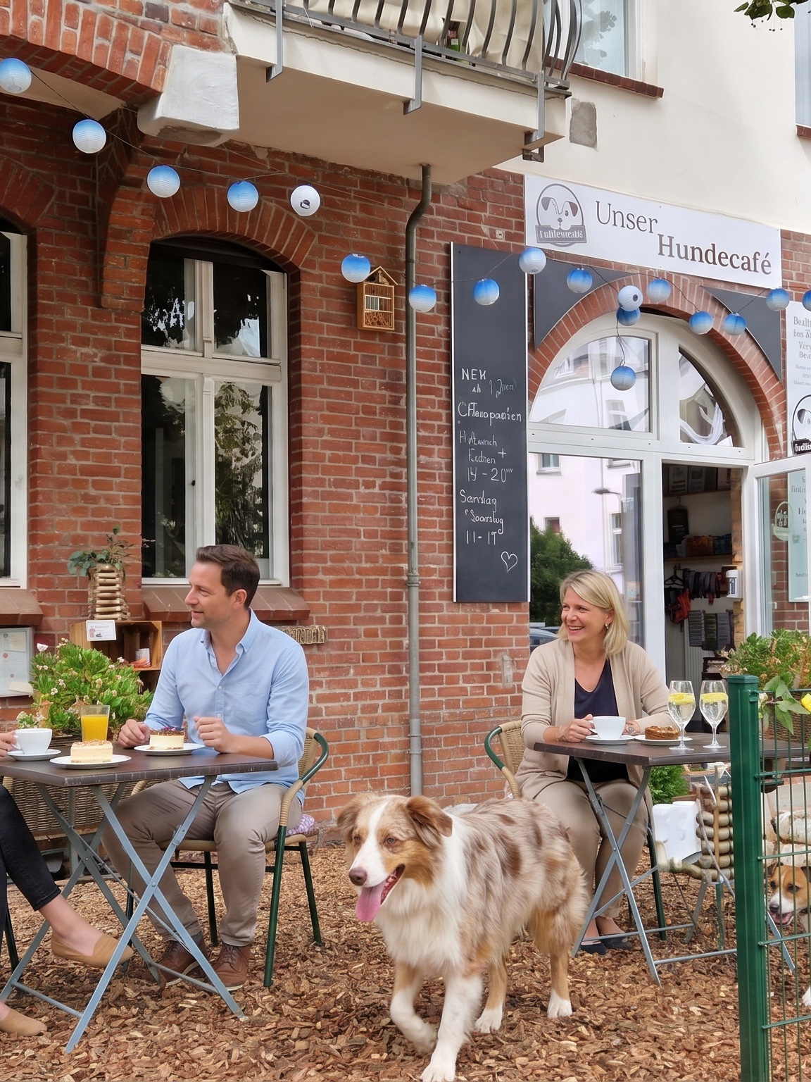 Fellfreunde — Berlins erstes Hundecafé — Vorgarten · Hund läuft frei · Lampions