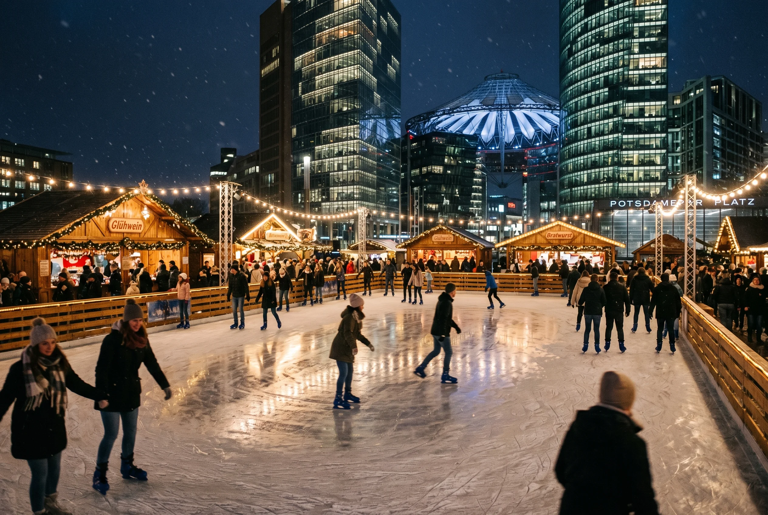 Beleuchteter Weihnachtsmarkt am Abend mit Buden und Lichterketten
